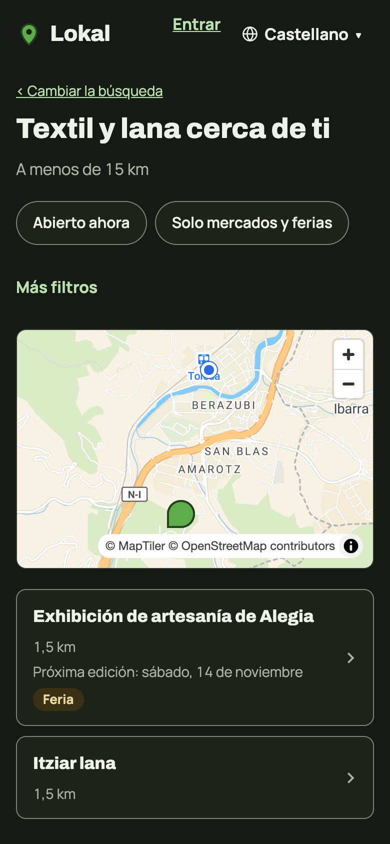 Lokal en el móvil: tiendas y ferias de textil y lana a menos de 15 km