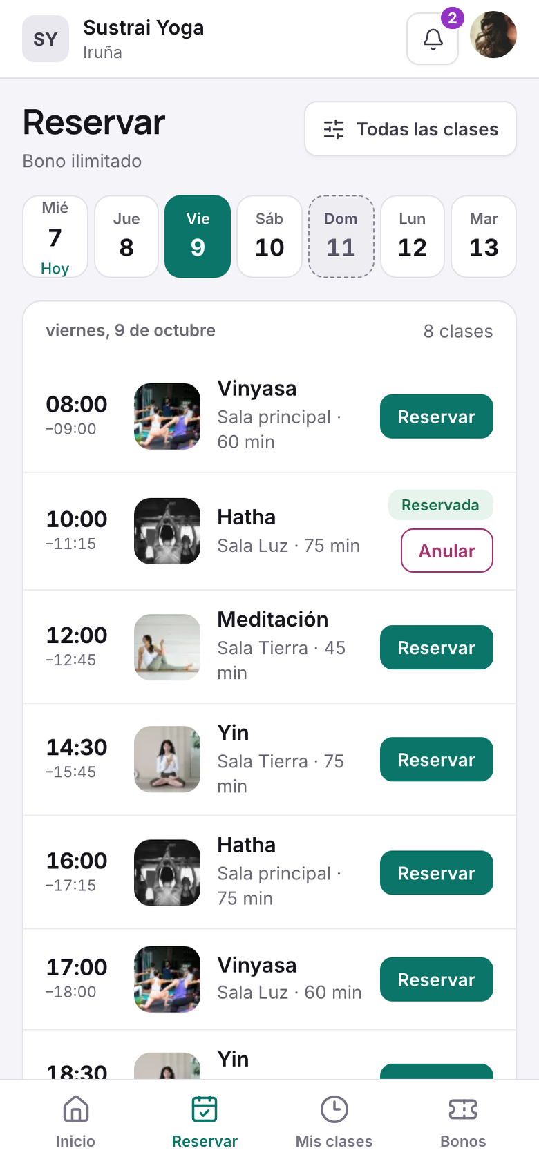 Ordua en el móvil: la alumna elige día y reserva su clase